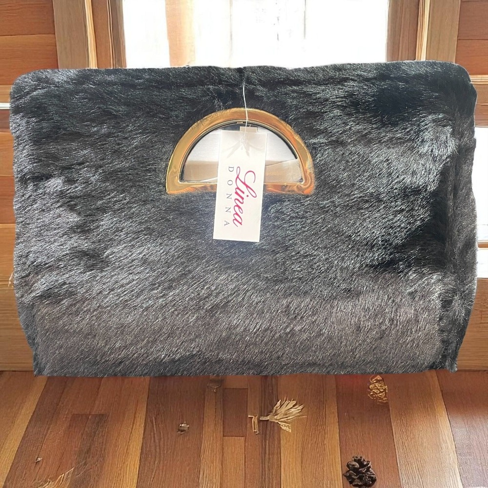 Linea Donna Black Faux Fur Clutch Y2K Party Bag‎ Gold Handle Statement Purse